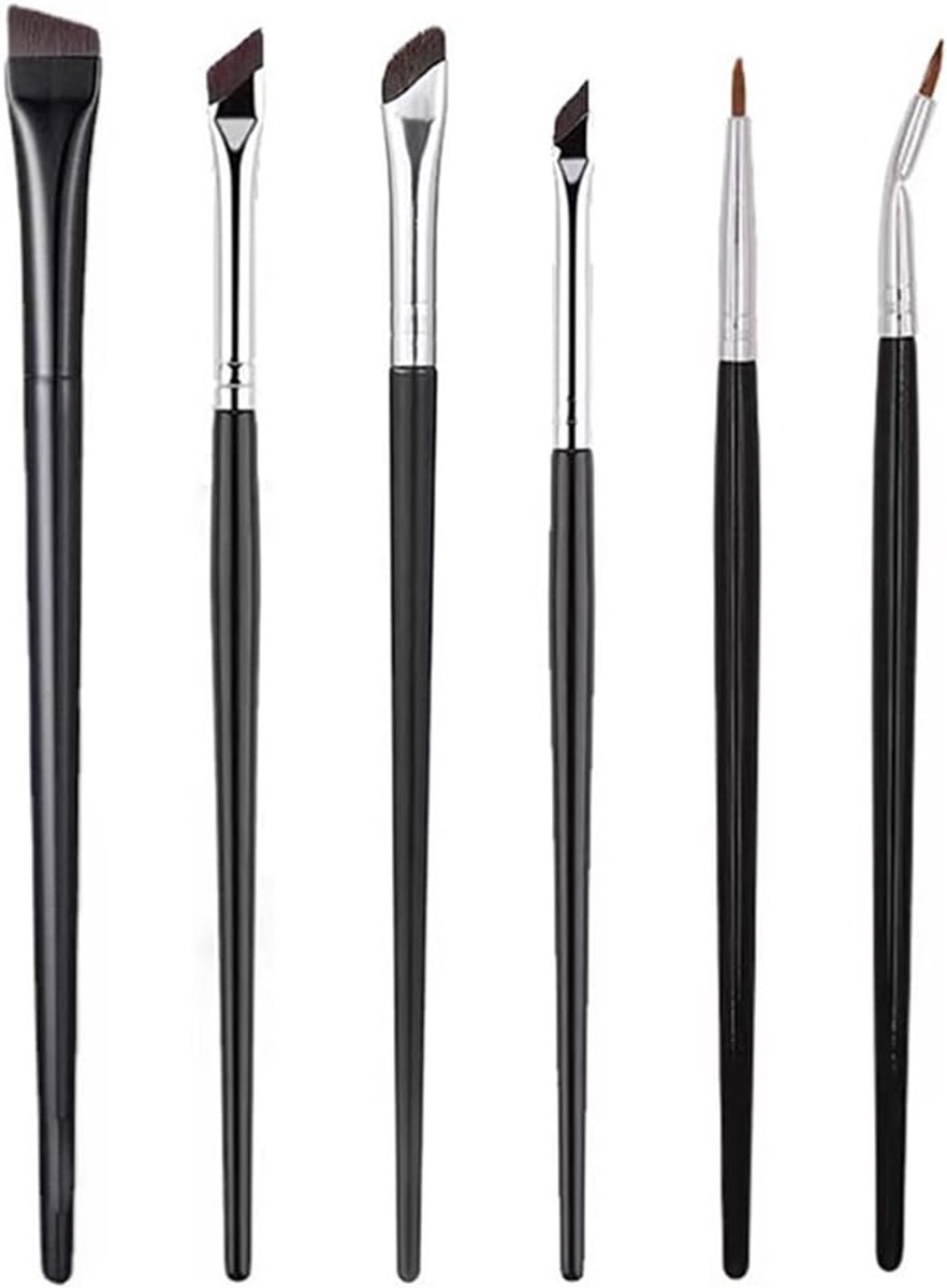 Gel-eyeliner, 6 stuks, schuine en platte eyeliner-kwast, ultradun, gebogen, fijne punt voor nauwkeurige make-up en wenkbrauwen