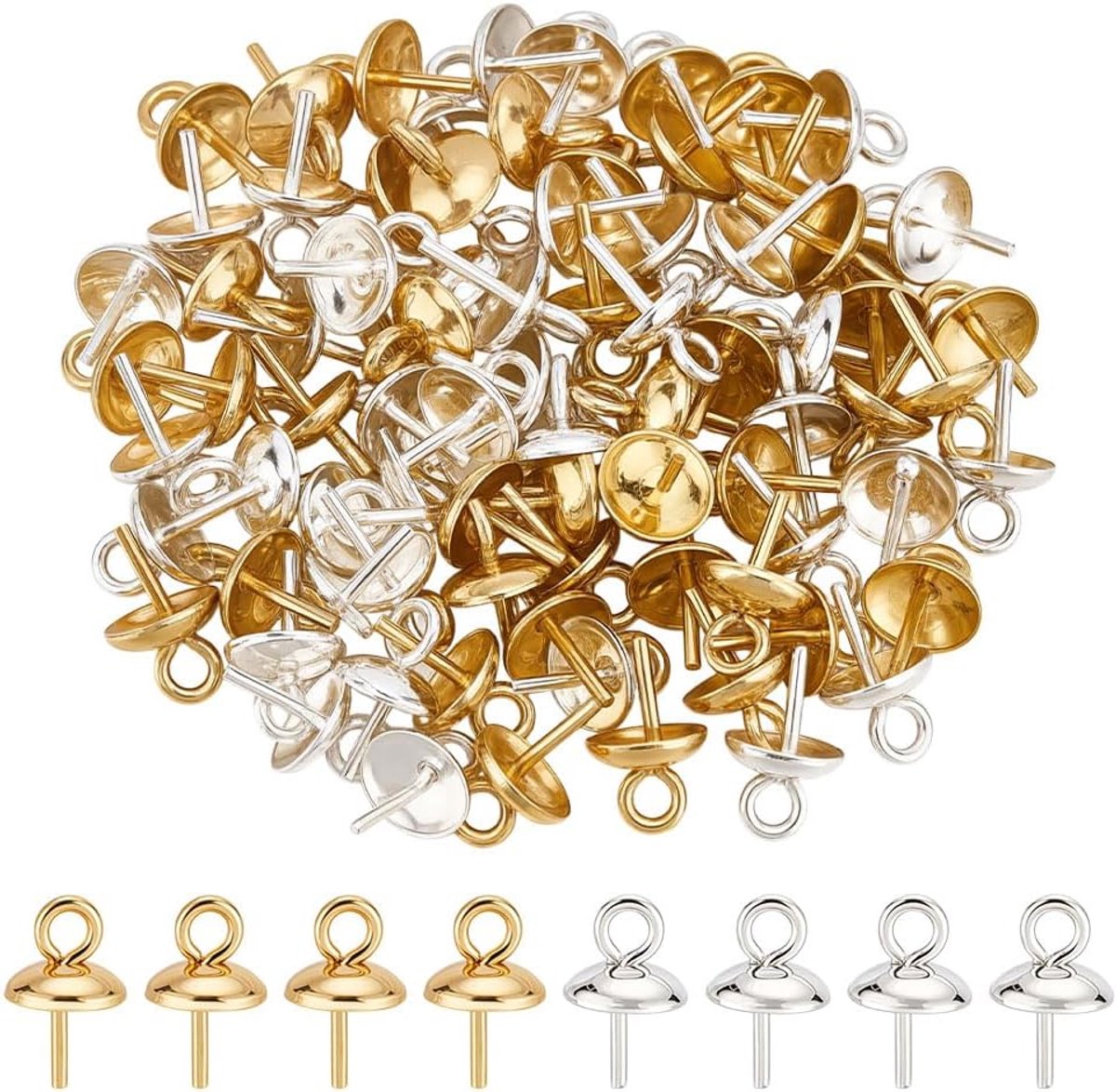80 stuks 2 kleuren 304 roestvrij staal cup parel peg bails eypin bail caps pin hanger voor half geboorde kralen 8 x 5 mm bedelconnectoren