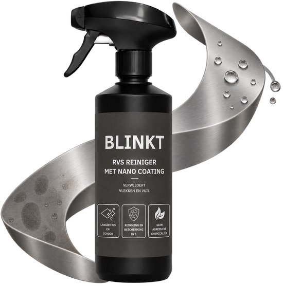 Zwarte spuitfles BLINKT RVS reiniger met nano coating, met zilveren swirl en waterdruppels.