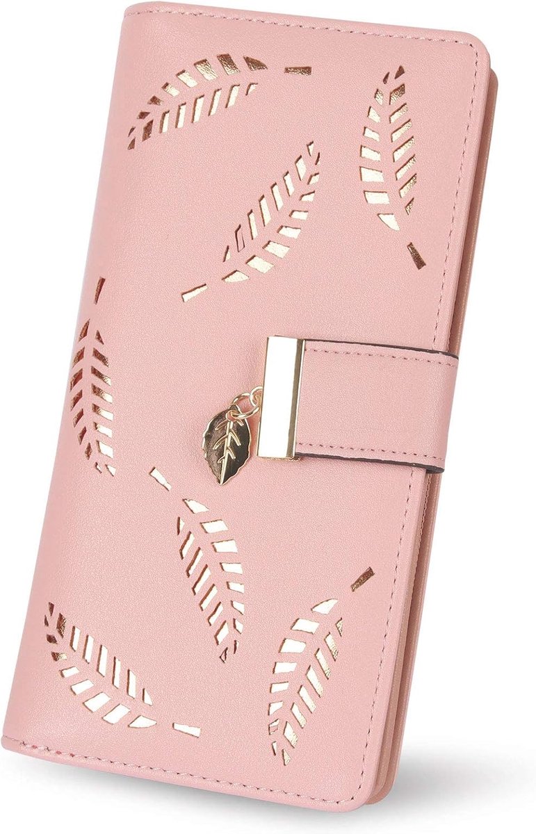 Leren damesportemonnee met twee kleppen met ritssluiting - Verjaardag en kerstcadeau voor vrouwen en meisjes, roze, S