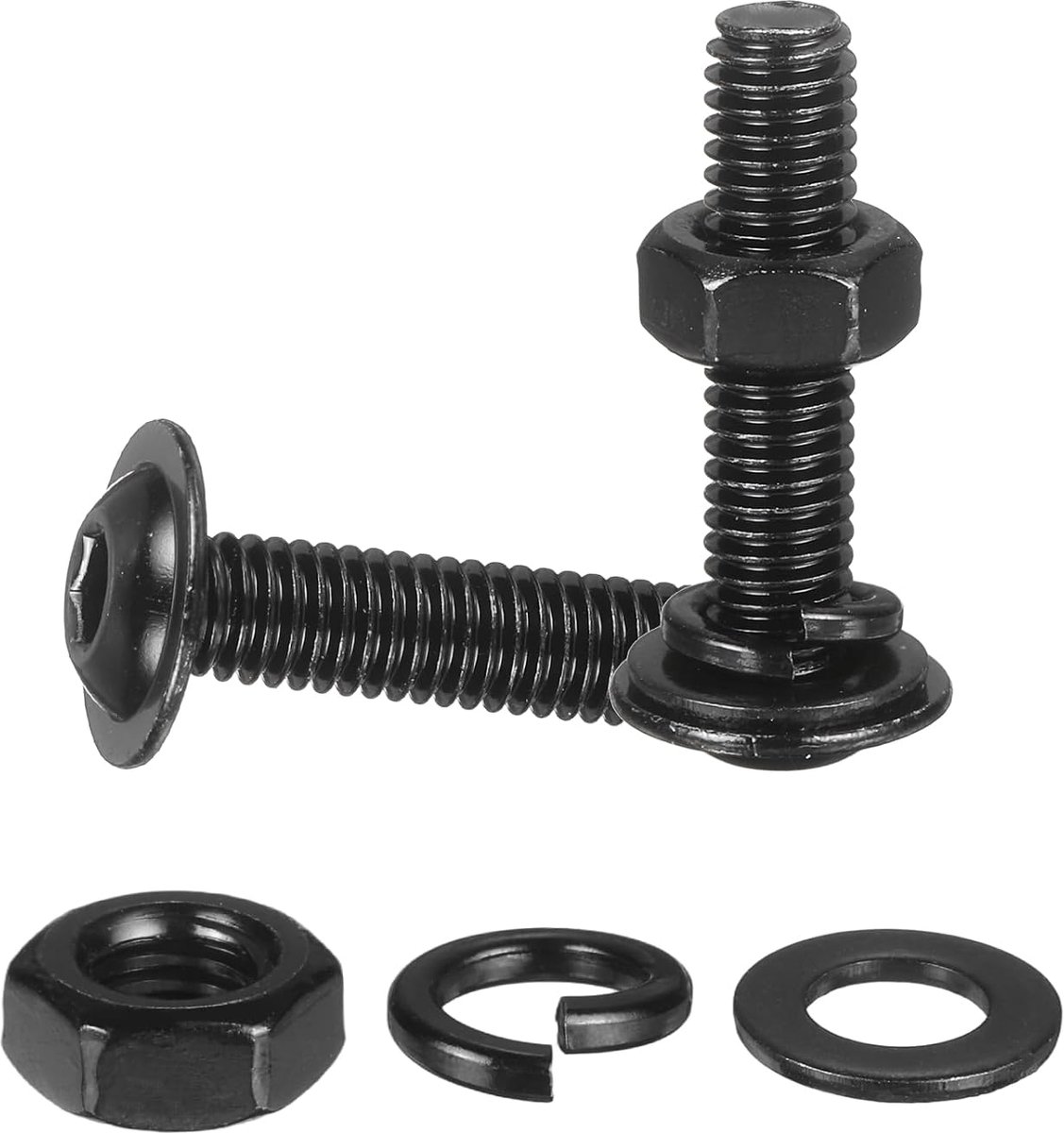 10 x knoopschroeven met flens M6 x 25 mm, roestvrij staal 304, zwart, 18-8 zeskantschroeven, moeren, platte en borgschijven