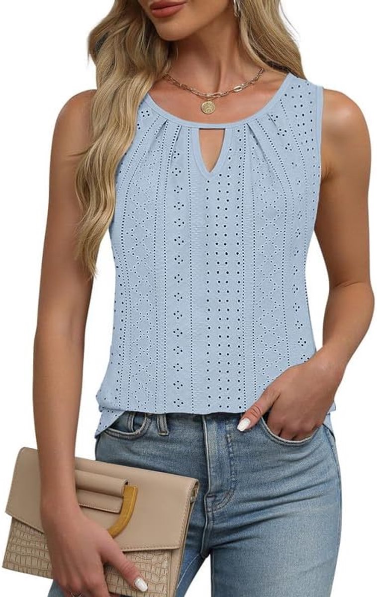 Mouwloos T-shirt voor dames, zomer, tanktop, elegant, geborduurd, met oogjes, vest, chic, ronde hals, T-shirt, casual, los, shirt, blouses, basic, camisole