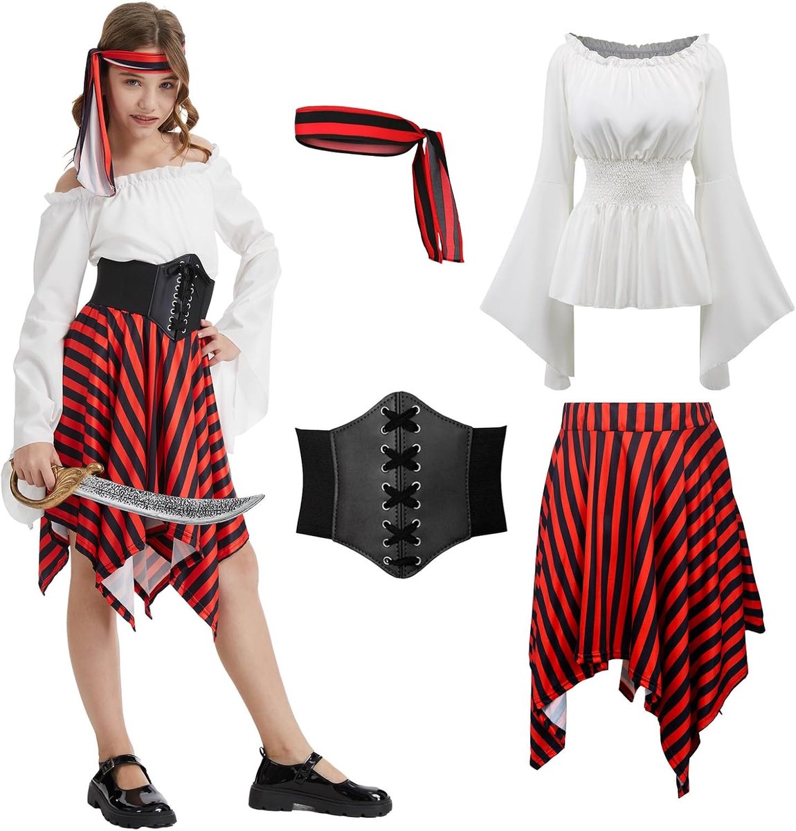 3 stuks piratenkostuum, met bovenstukken, piratenrok en piratendoek, piratenkostuum voor Halloween, carnaval, cosplay