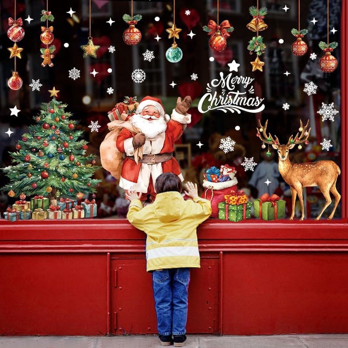 Kerststickers, 90 x 30 cm, raam, herbruikbaar, vinyl, meerkleurig