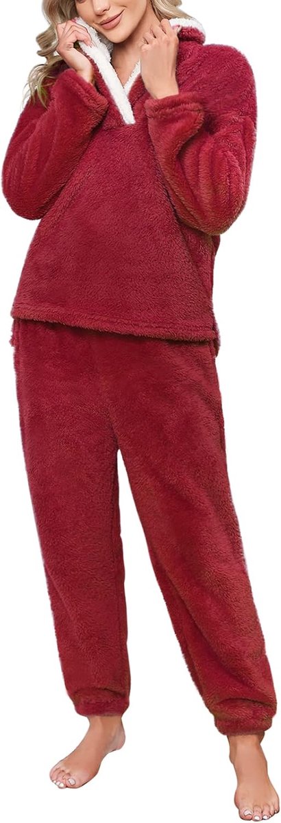 Pyjama voor dames, winter, fleece, pyjamaset, fleece, warm en zacht, lange mouwen, revers, pyjama