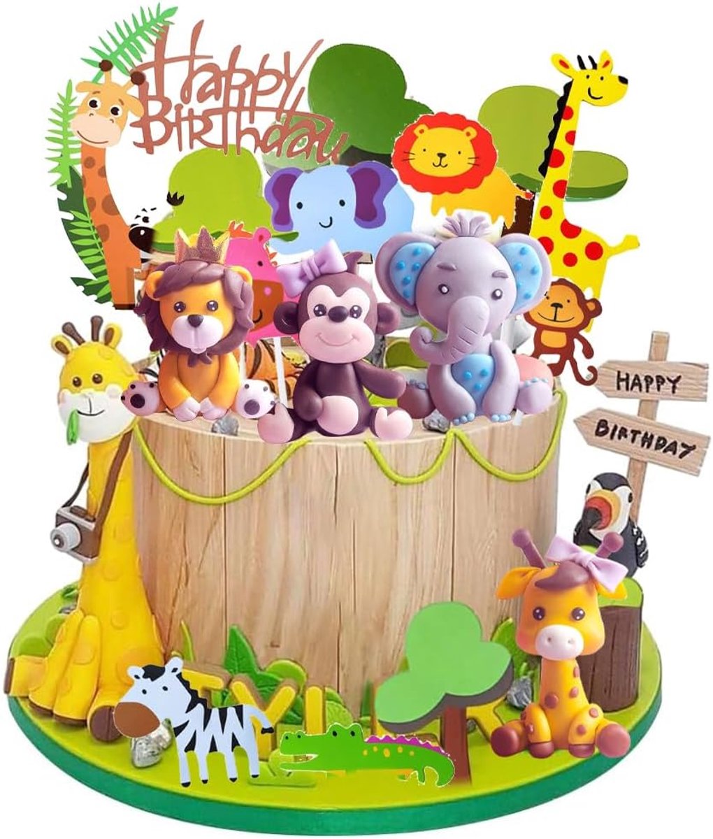 Cupcaketopper met dieren, taarttoppers met junglethema, 23-delige dierendecoratie voor verjaardagstaarten, taartdecoratie voor jongensfeestjes