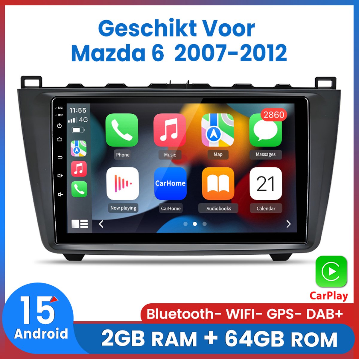 Awesafe Autoradio - Geschikt Voor Mazda 6 2007 t/m 2012 - Android 15.0 Systeem - Draadloos Apple Carplay & Android Auto - Ram 2GB + Rom 64GB - Bluetooth & Wifi GPS Navigatie RDS DSP SWC - Ondersteuning BOSE systeem - 2007 2008 2009 2010 2011 2012