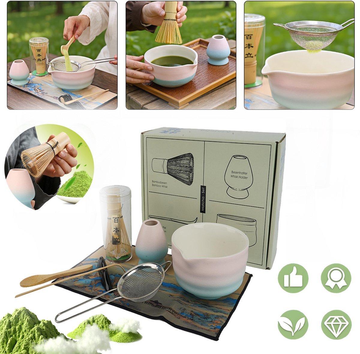Matcha-Keten, Premium Matcha-Theeset, Matcha-Kom, Gardehouder, Garde, Lepel, Zeef, Maatschepje, Lepelhouder en Handdoek, Ideale Matcha-Cadeauset.
