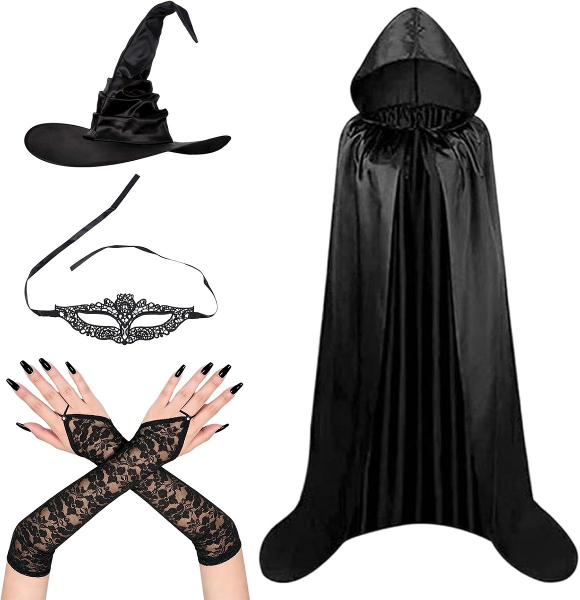 Heksenkostuum voor dames, heksenkostuum, 4-delig, met hoed en heksencape voor dames, Halloween, kostuum voor carnaval, cosplay