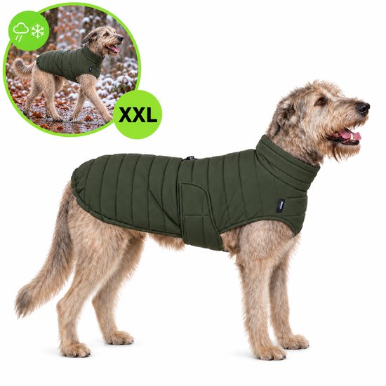 Grote hond, waarschijnlijk een Ierse Wolfshond, draagt een olijfgroene, gewatteerde jas, met rits en opgestikte zakken. Kleine afbeelding toont hond in de regen en sneeuw.