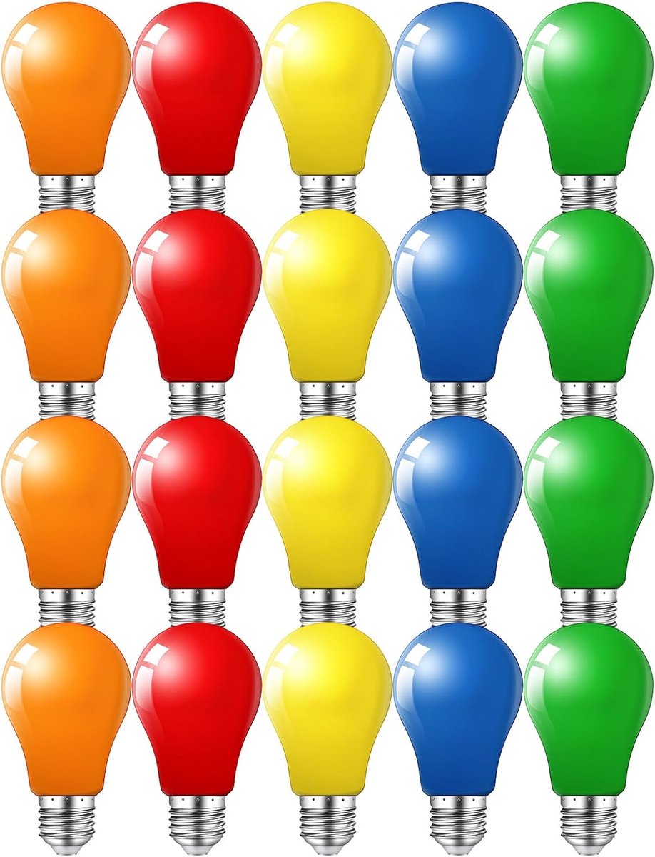 A60, E27,3 W, kleur E27, vervangt 25 watt, kleur voor buiten, binnen, voor slingers, feest, kerstdecoratie, rood, geel, blauw, groen, oranje, 20 stuks