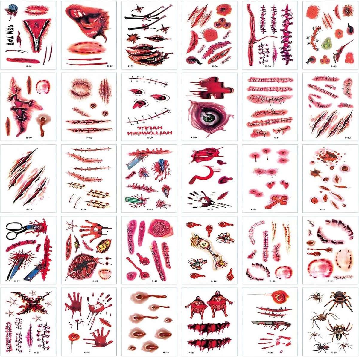 Littekens, Halloween, nepwonden, vampier, zombie, bloedige horrortattoo, voor Halloweenkostuum, dames, heren, kinderen, volwassenen, make-up