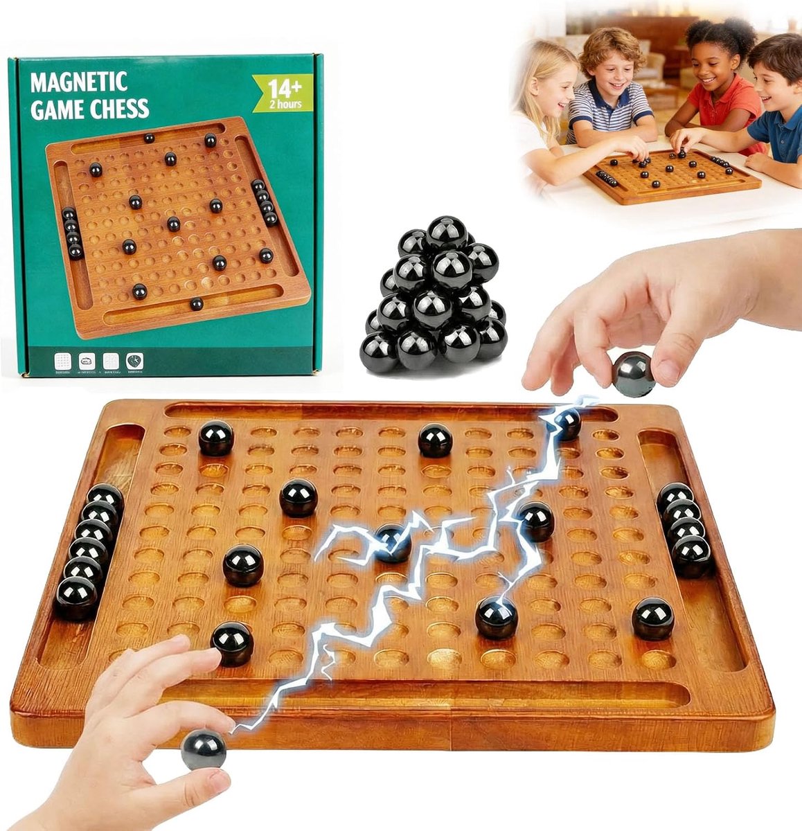 Schaakspel met houten bord, magnetisch spel, inclusief 20 magnetische stukken, magnetisch schaakspel voor kinderen, magnetisch tafelspel, draagbaar schaakbord voor familiebijeenkomsten