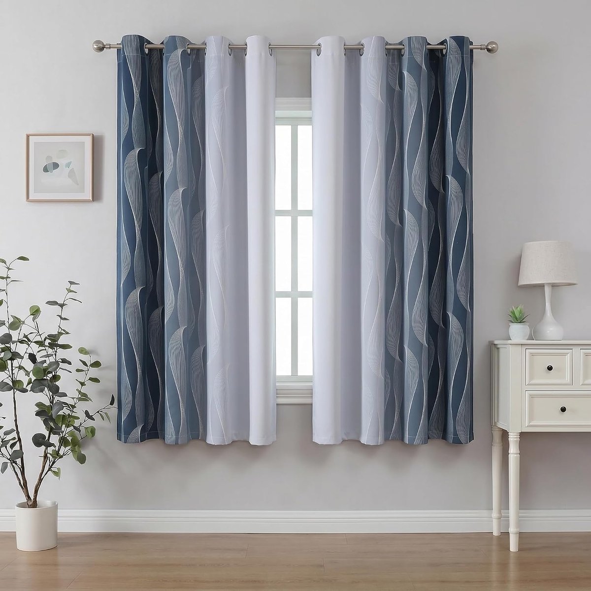Ombre dim-out gordijnen met ringen, golfprint, 2 stuks, 140 x 160 cm