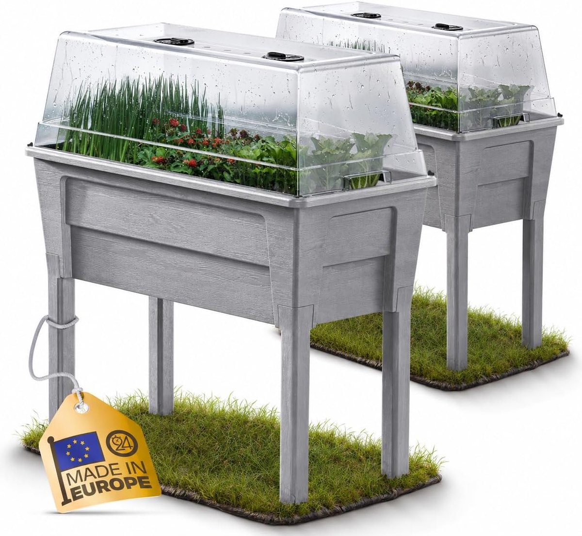 Tuin verhoogd bloembed Victoria voor balkon, plantenbak met broeikas, volume 50 l, waterreservoir, druppelirrigatie, afneembare poten, geschikt voor buiten (2, warmgrijs)