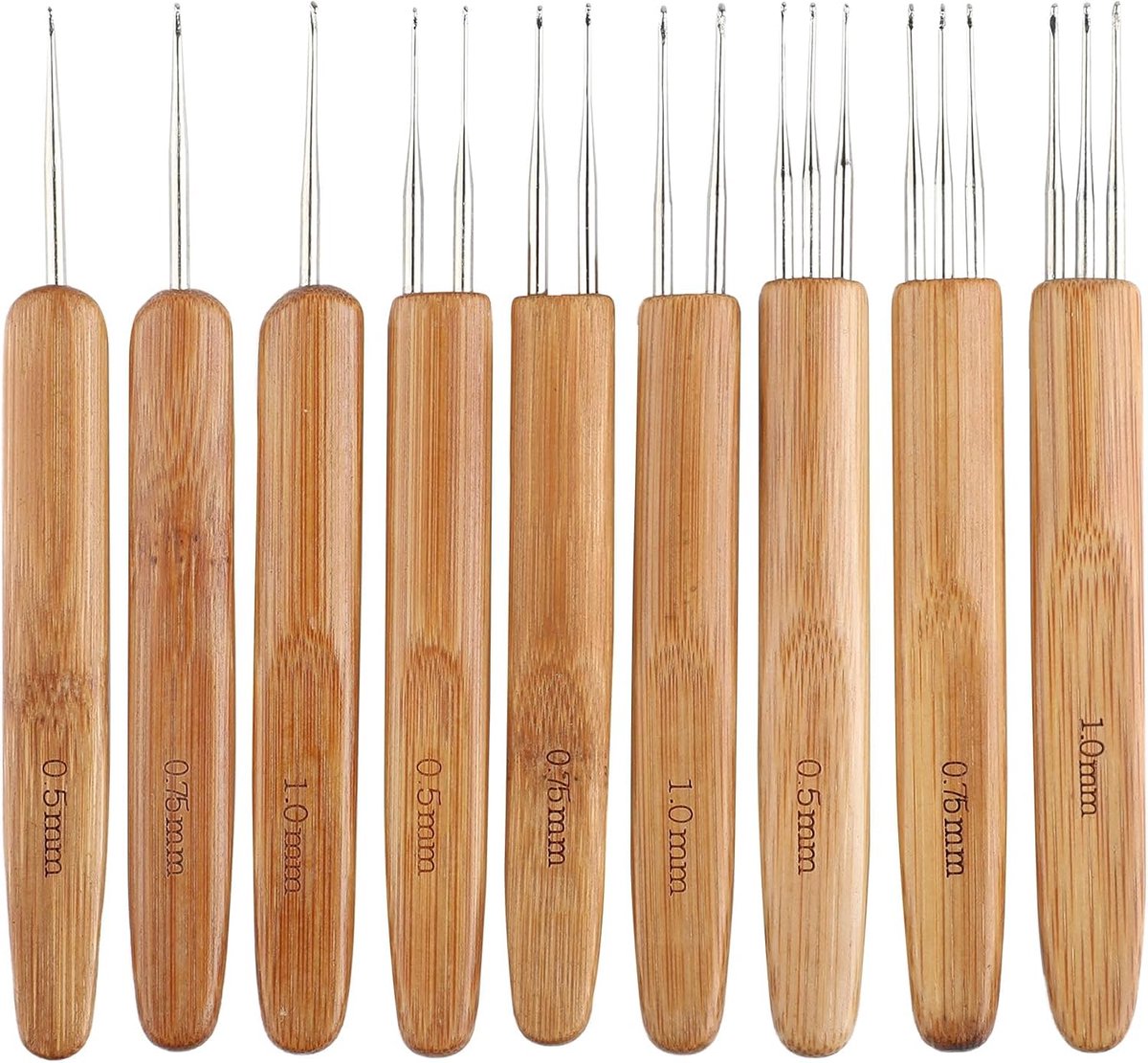 Haaknaaldset, 9 stuks, dreadlock-gereedschap, haarhaaknaald inclusief 9 stuks dreadlock-haken met 1 haak, 2 haken, 3 haken voor vlechtwerk, 0,5 mm, 0,75 mm, 1 mm