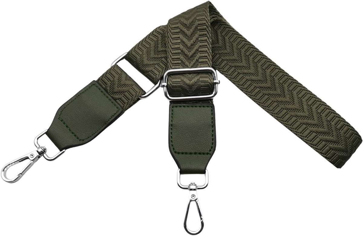 Schouderriem voor dameshandtas, verstelbaar, reserveriem met leer, breedte 3,8 cm, met zilver, karabijnhaak voor handtassen, crossbody riemtas, accessoires, U2, Leger Groen, 80-130cm