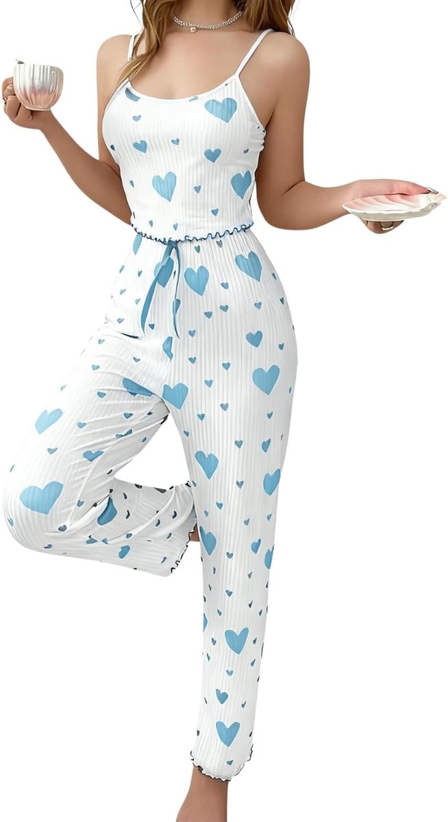 2-delige pyjamaset voor dames, met hartvormige print, camisole top en broek, sexy pyjama, schattig, comfortabel, mouwloos, sleepwear