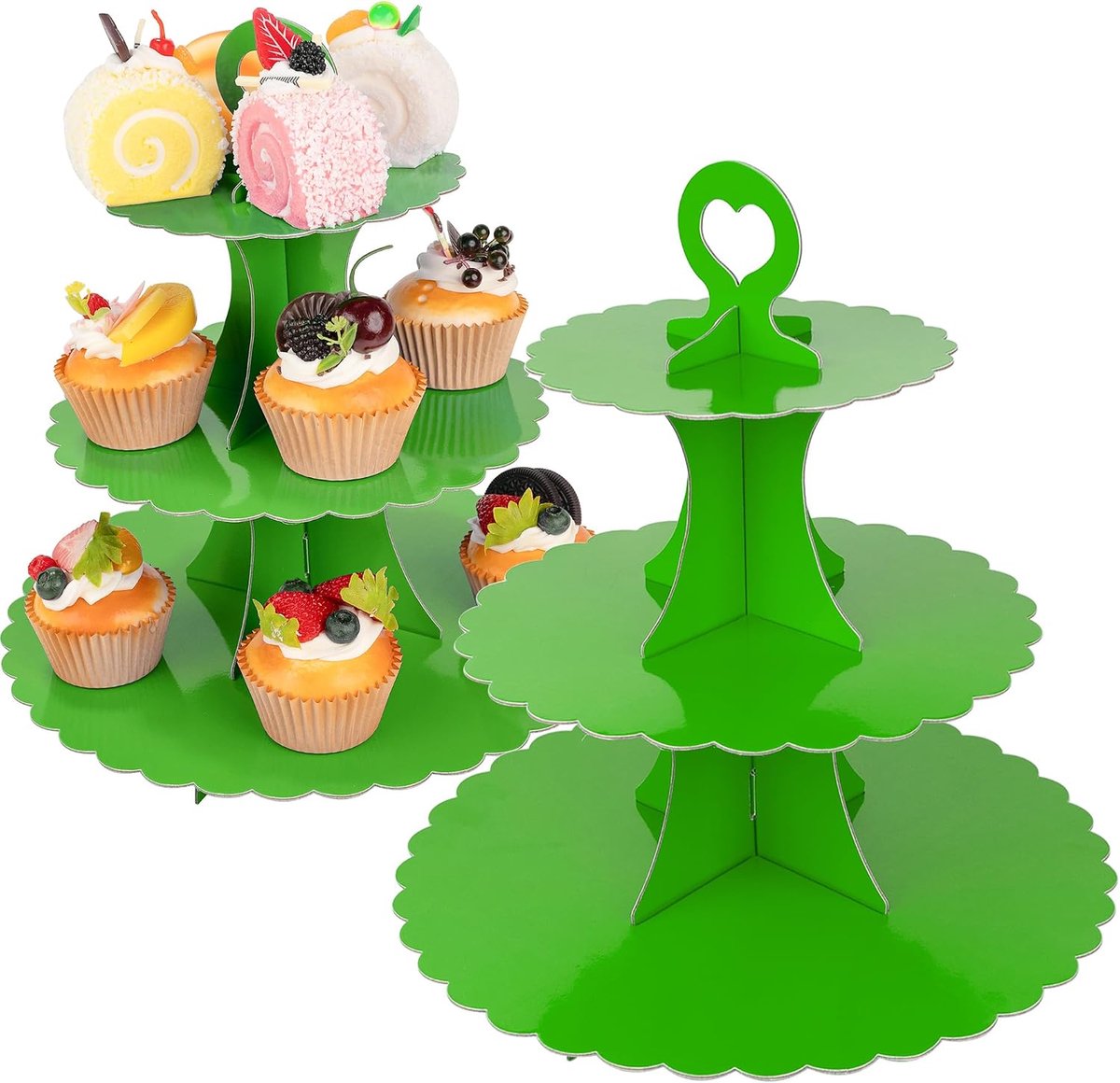 Cupcake-standaard met 3 niveaus, set van 2 stuks, dessertbeker, taartstandaard, torenpapier, ronde taartweergave, serveerplaat voor verjaardag, doop, wegwerpgebakhouder voor verjaardag, bruiloft