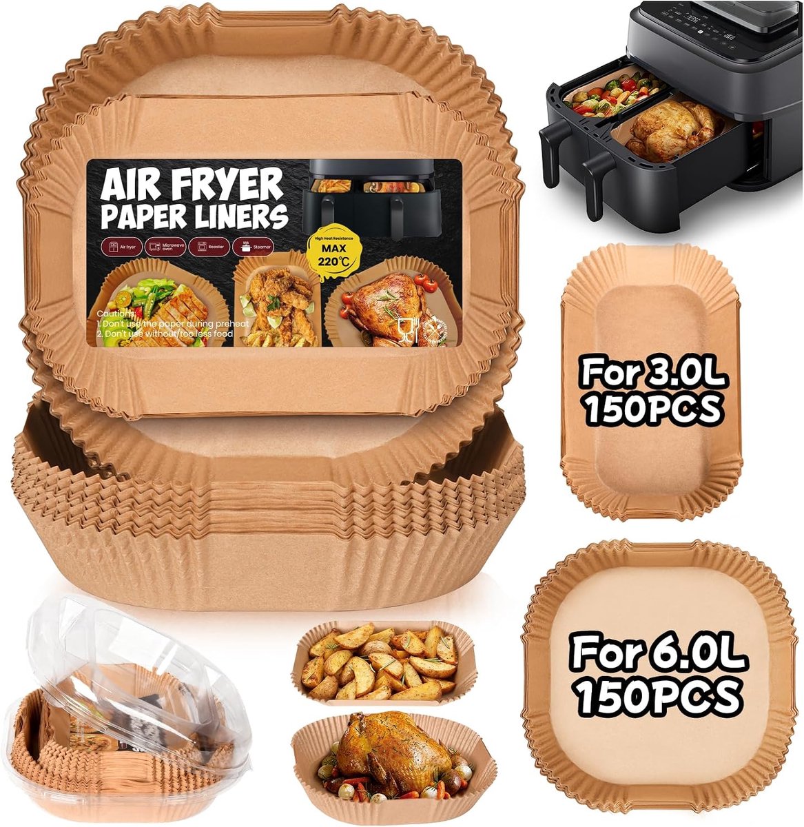 300 stuks Airfryer Bakpapier voor Philips Dual Basket Airfryer 3000 Series 9L (6L/3L), 5000 Series 9L (6L/3L), Bakpapier voor heteluchtfriteuse Philips NA350/00 NA550/00, Cookwise 2 kamers 9L (3L & 6L