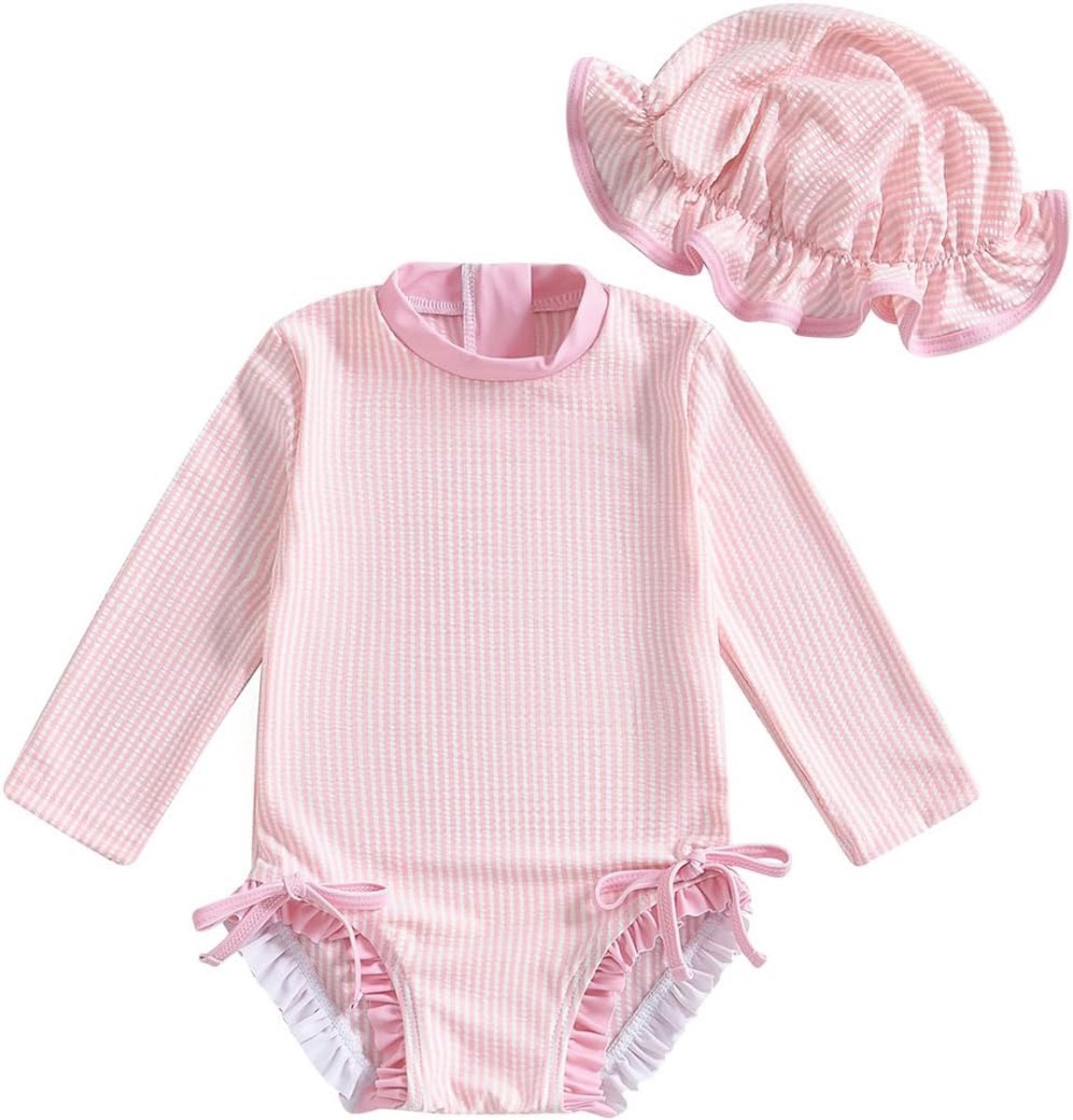 Badpak voor babymeisjes, met strepen, schattig, lange mouwen, eendelig, rashguard met zonnehoed, ritssluiting, badkleding, strandmode