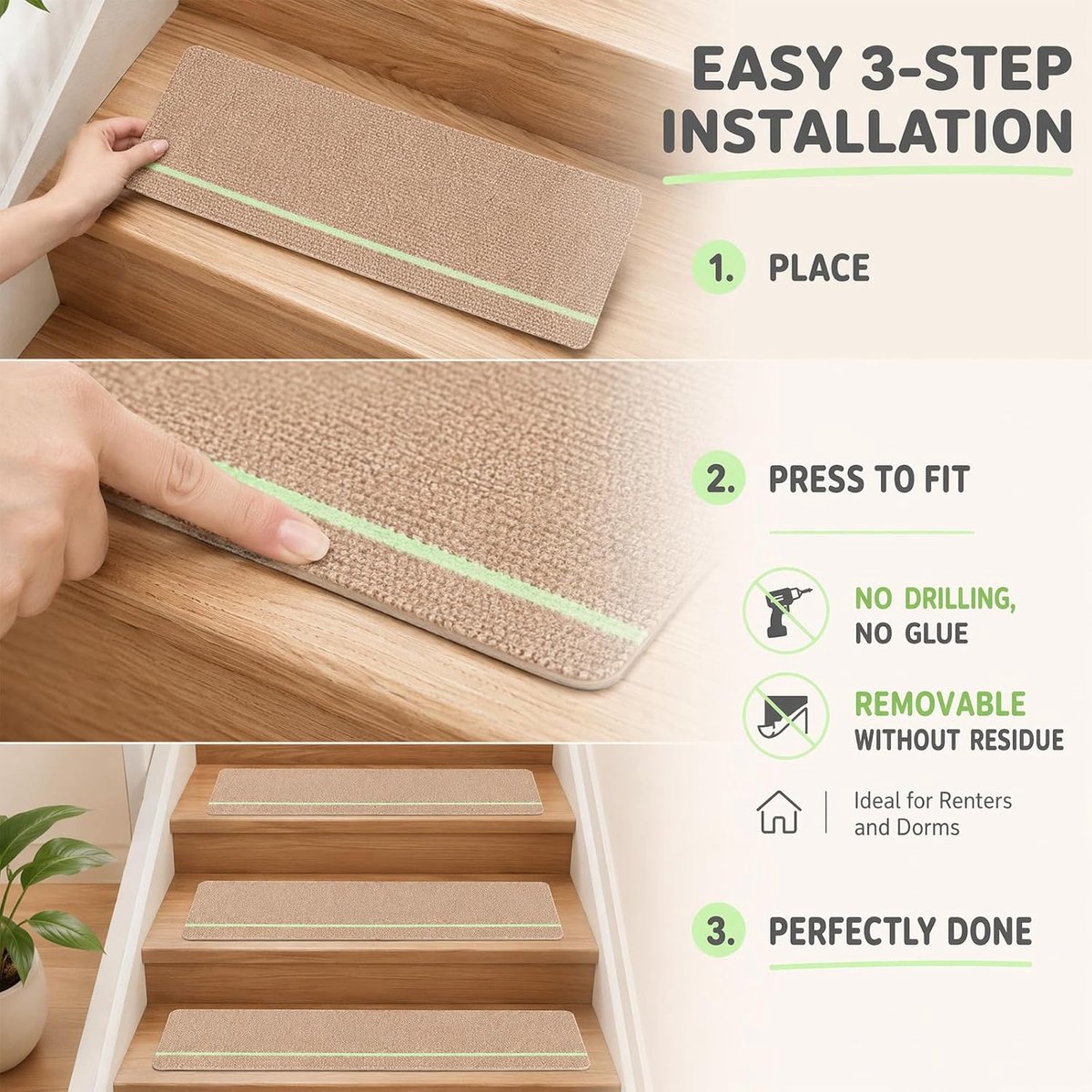 Trapmatten met Glow in Dark strepen, 76 cm x 20 cm, trapmatten, zelfklevend, binnen, antislip traptapijt met TPE-achterkant, trapmatten zelfklevend voor kinderen, senioren en huisdieren