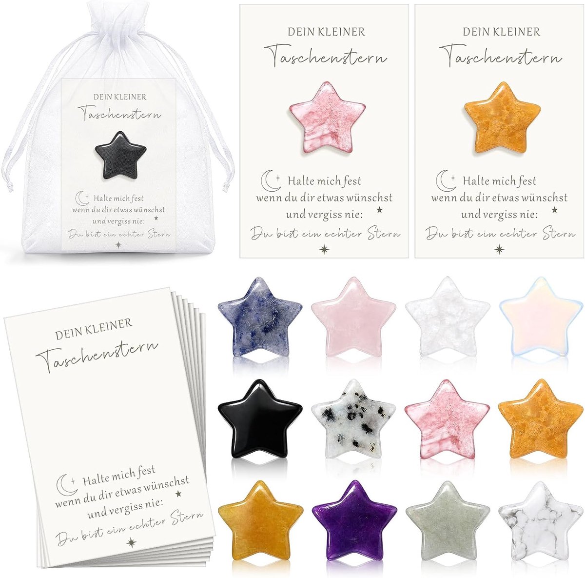 12 Set Van Edelstenen Geluksstenen Met Kaart Stervormige Stenen Moedstenen Cadeauset Met Zorgenstenen Organzazakjes Cadeau Voor Collega's Leraren Gepensioneerden