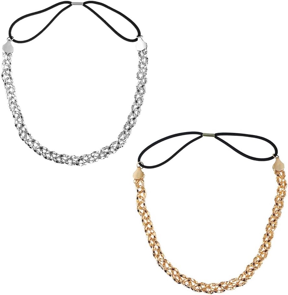 Bandenset voor dames, goud en zilver - Metalen gevlochten haarband, dun en elastisch - Glitter haaraccessoire voor bruiloften, feesten en boho-kapsels - Haaraccessoires voor meisjes