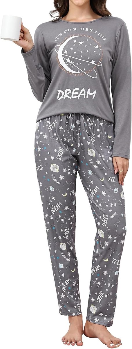 Pyjama Dames Lange Pyjama Katoenen Winter Pyjama Set Ronde Hals Top en Pyjamabroek Lange Mouwen Loungewear Nachtkleding Huispak Gezellig Vrijetijdspak