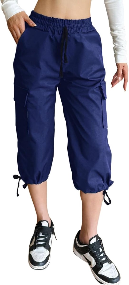 Zomer Bijgesneden Broek Elastische Taille Trekkoord 6 Utility Zakken Verstelbare Manchetten Brede Been Stretchy Cargo Shorts 3/4 Joggers Broek Atletisch Casual