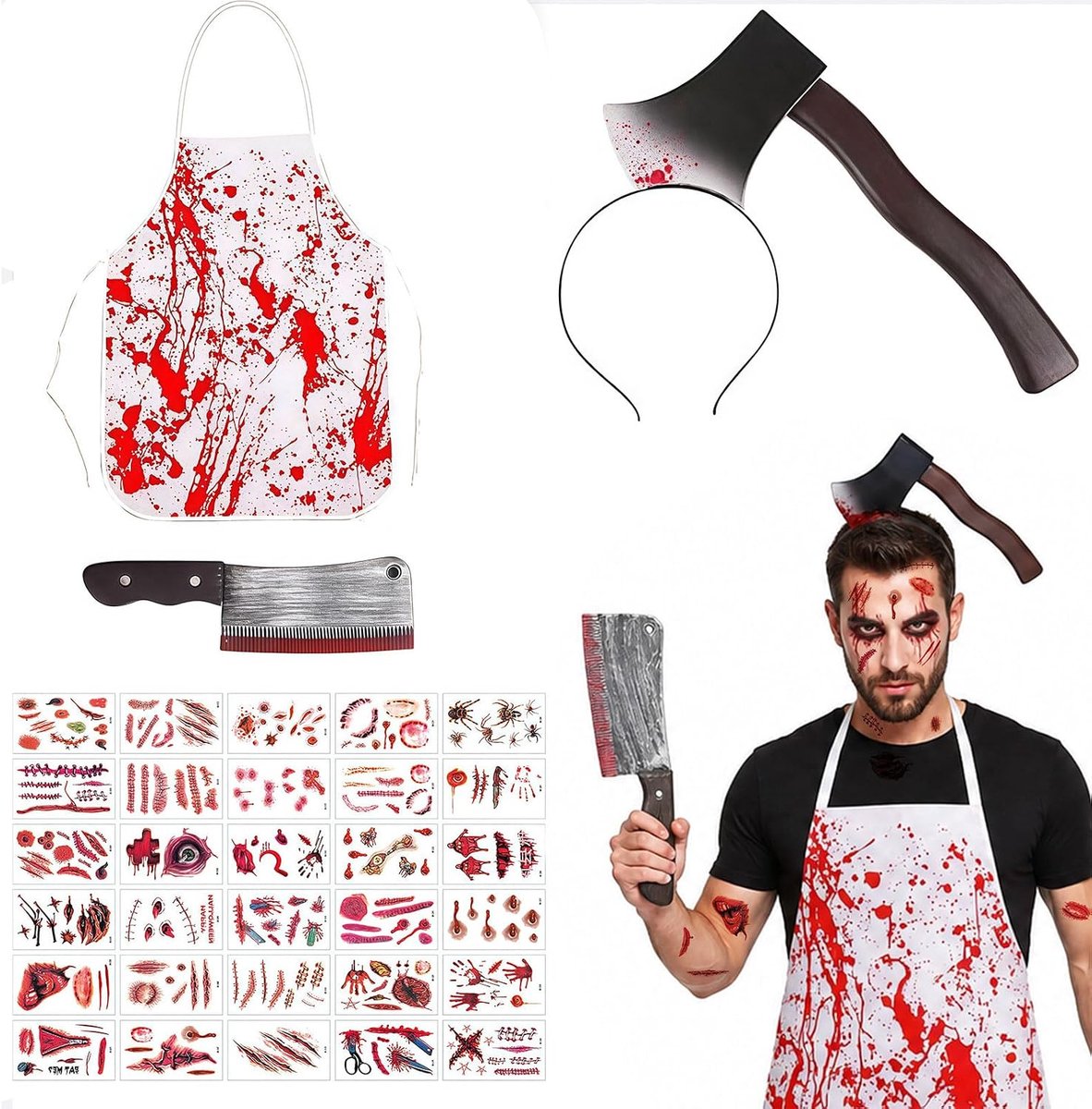 Kostuum Dames Heren - Horror Zombie Kostuum Set met Bloedige Schort, Bijl Haarband, Mes en 30 Wond Tattoo Stickers