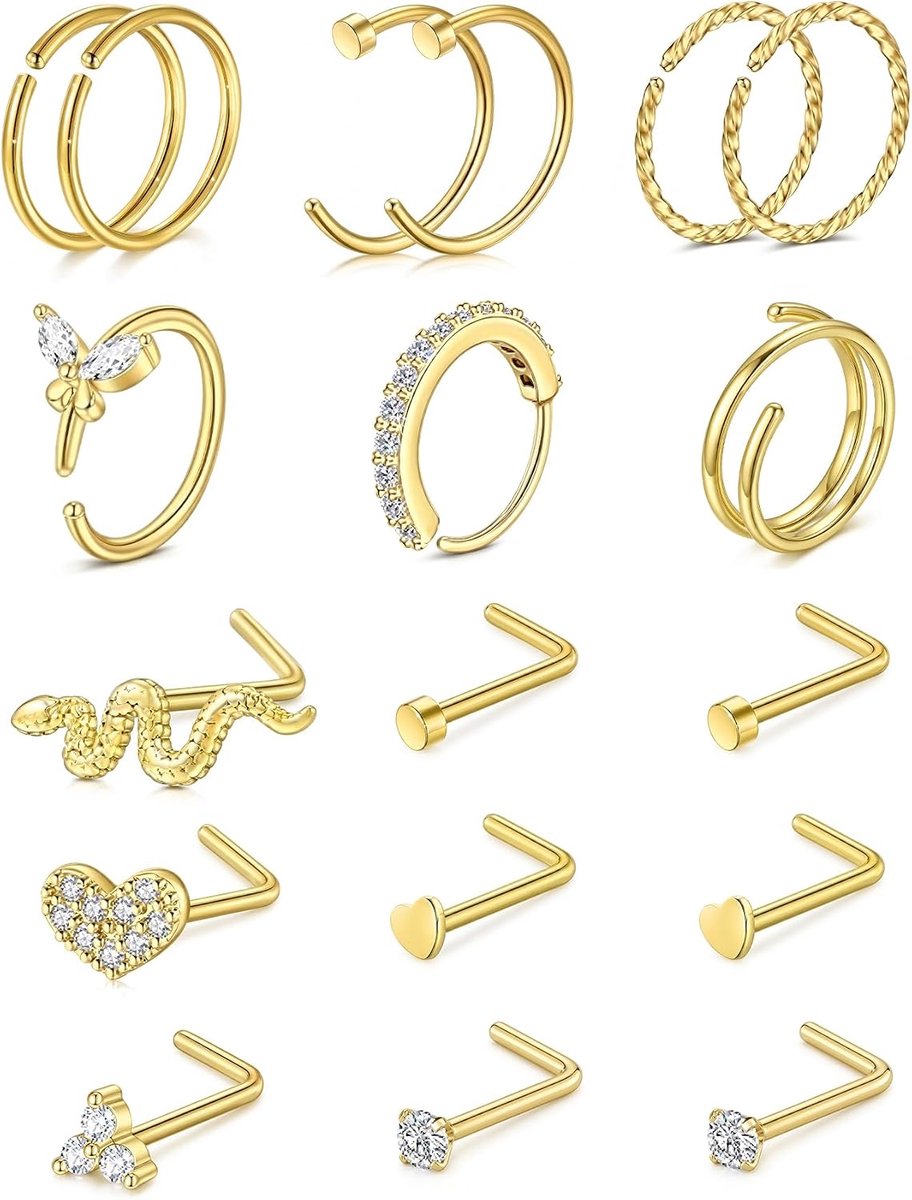 Neuspiercing set zilver goud 20G neusring neussteker