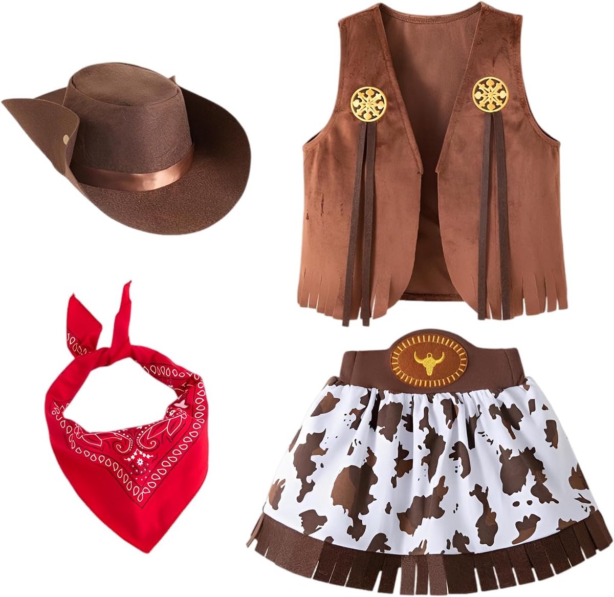 Cowgirl-kostuum voor meisjes, cowboykostuum voor meisjes, met cowboyhoed, vest, bandana, koeienmeisje, outfit voor kinderen, voor Halloween, carnaval, cosplay, party, verkleedpartij