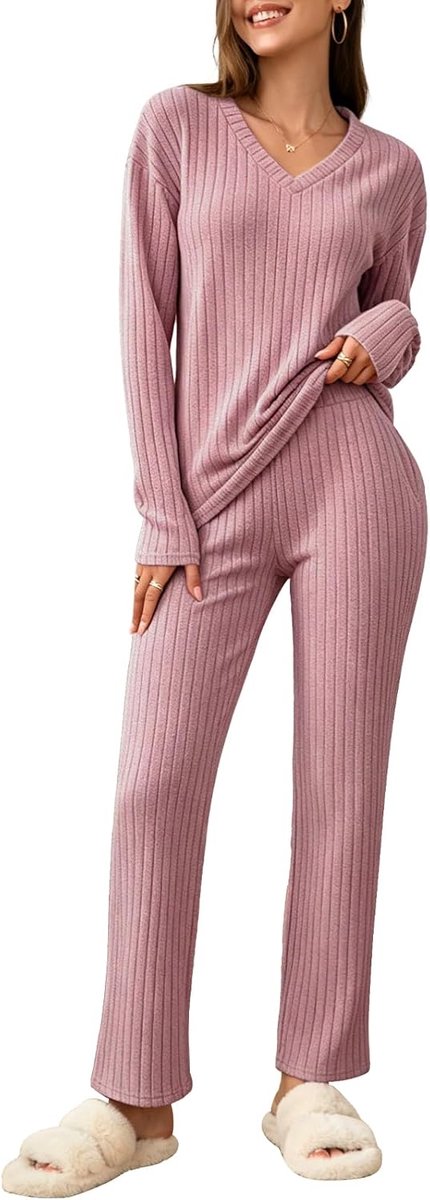 Geribbeld, 2-delig, loungewear, V-hals, lange mouwen, wijde