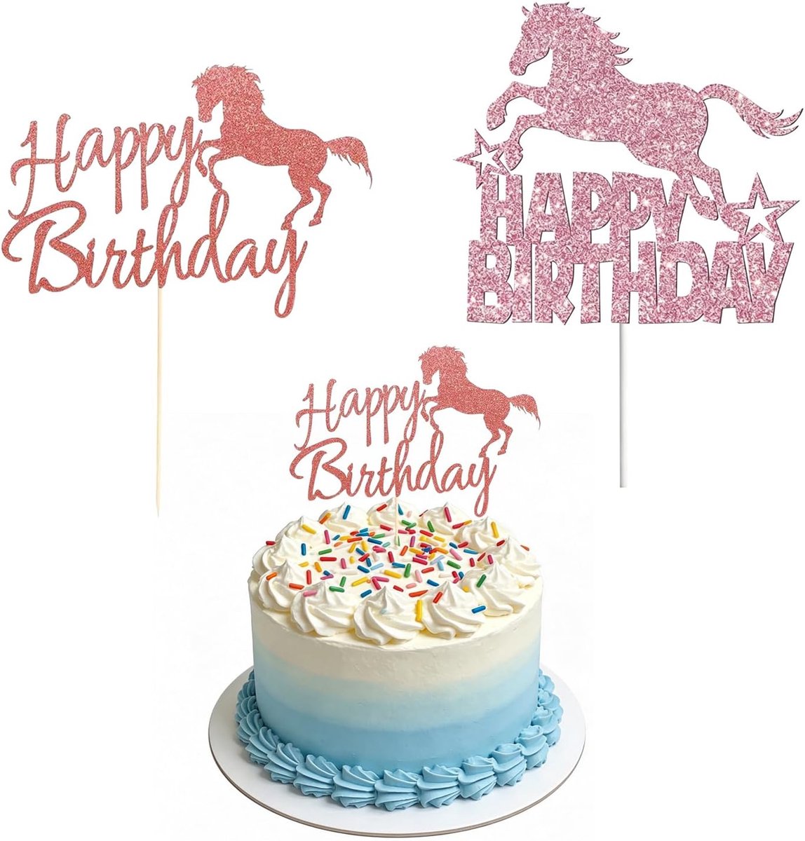 Paard, 2 grote taartdecoraties "Happy Birthday"