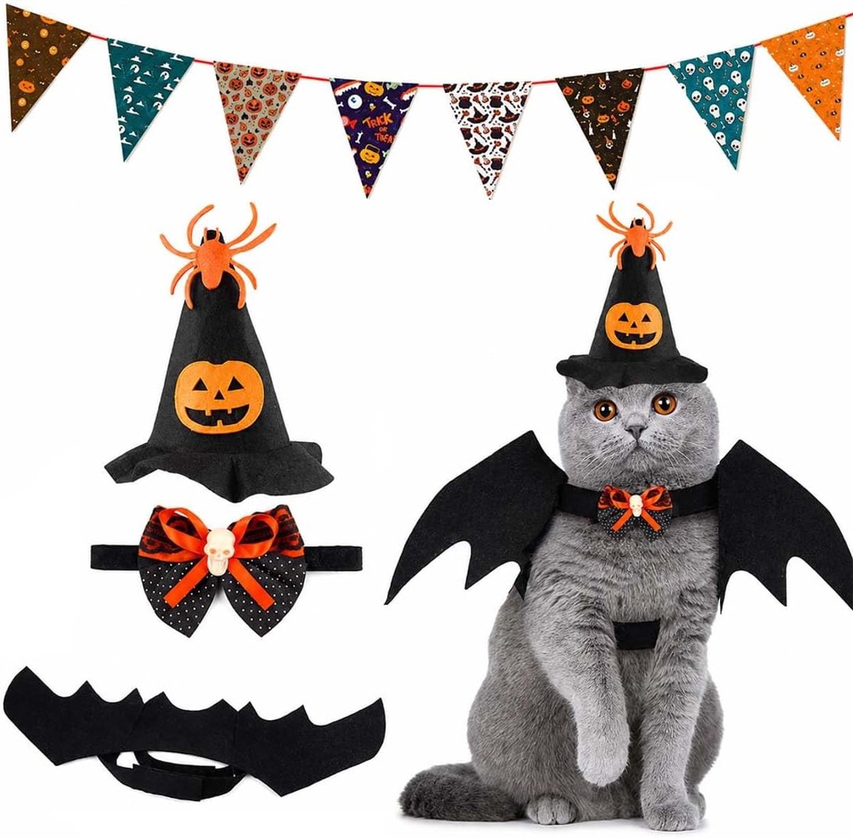 Halloween-Kostuumset Voor Kat En Hond, Dieren-Cosplay, Inclusief Hoed, Vlinderdas, Kleding En Vleermuisvleugels