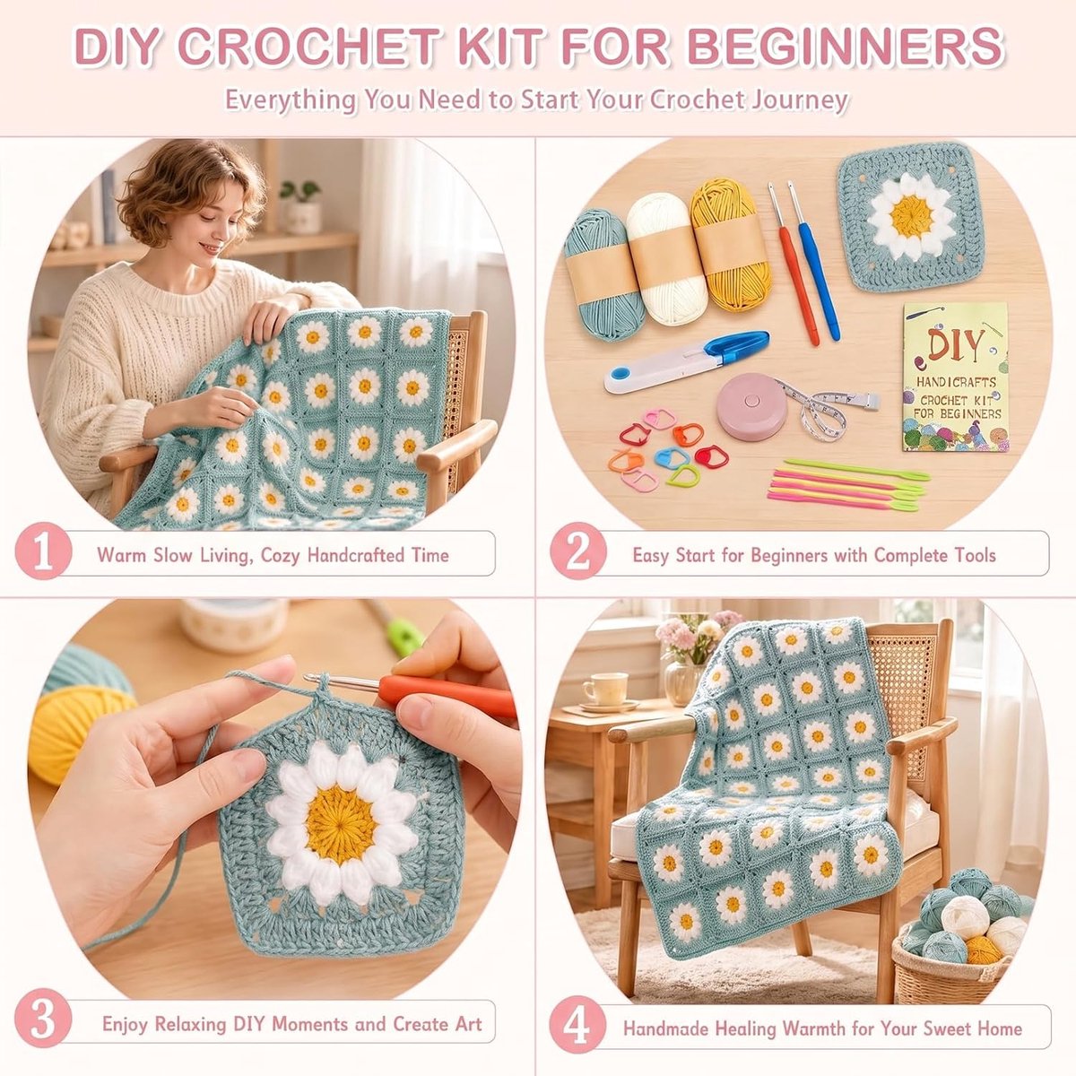Haakset Granny Square deken knutselset voor beginners, 5-laags haakwol met meerdere haaknaalden, praktische gereedschapsset met stapsgewijze handleiding voor creatieve knutselprojecten thuis (groen)