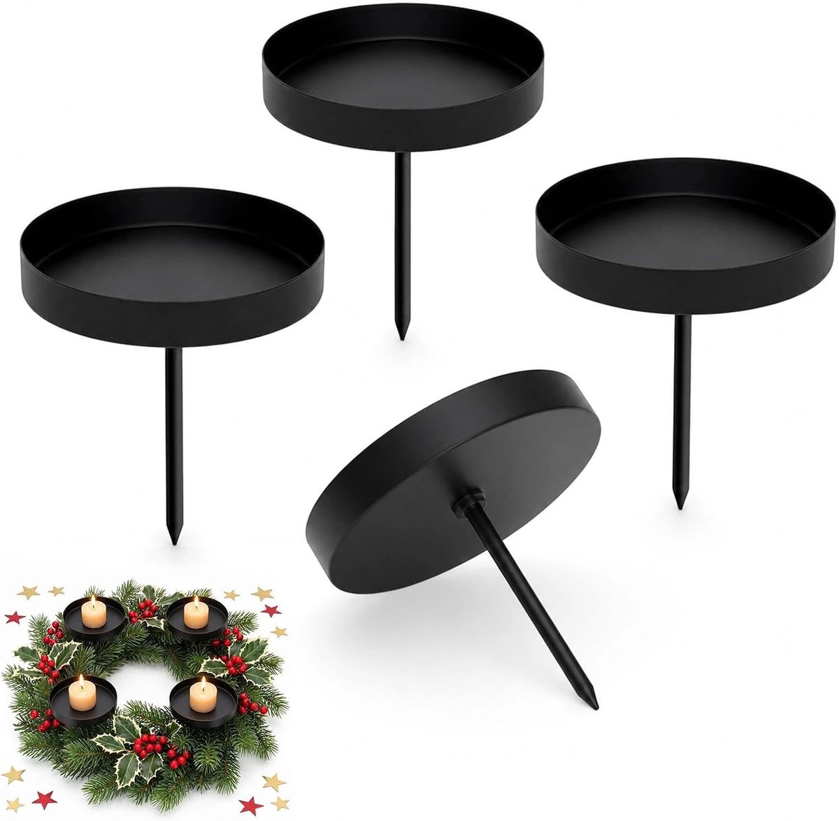 Kandelaar om in te steken voor stompkaarsen tot Ø80 mm en tafelkaarsen van metaal [4 stuks, rond] Kleur: zwart, stijlvol design, kaarsensteker adventskrans voor een elegante kamerdecoratie