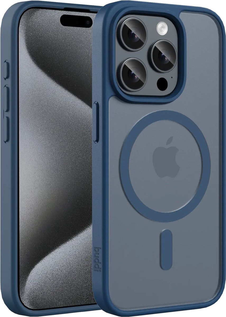 Buddi Frost Hoesje Geschikt voor Apple iPhone 15 Pro - Mat Donker Blauw - MagSafe Back Cover - Matchende kleur - Shockproof - Slank