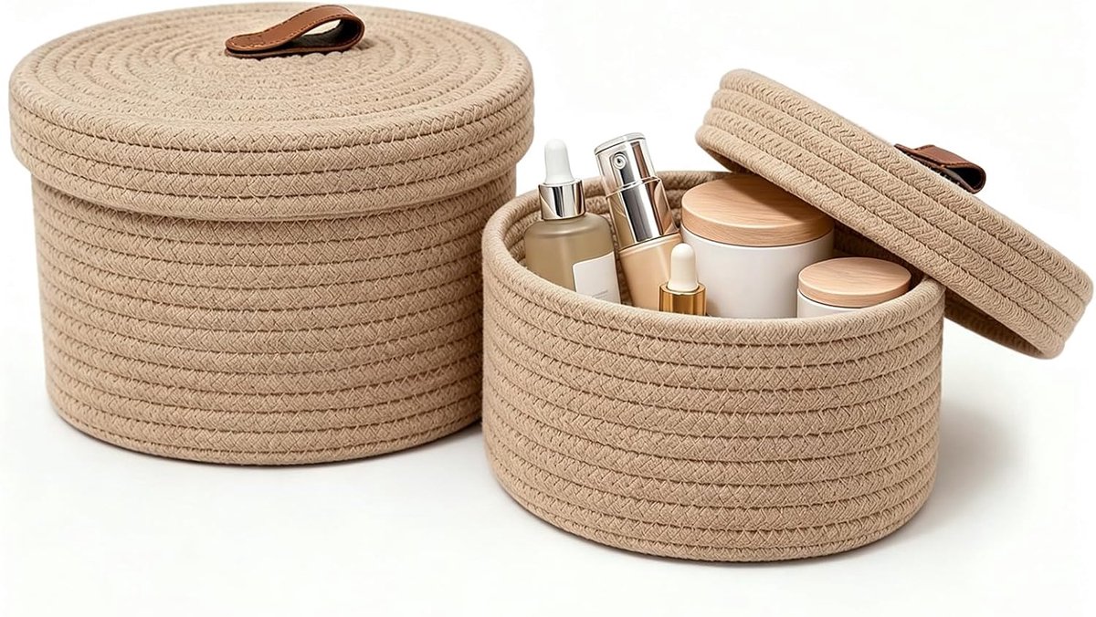 2 stuks opbergmanden, katoenen koord, opbergmand, rond, met deksel, Ø 28 cm, Ø 23 cm, gevlochten handgemaakte organizer voor woonkamer, slaapkamer, kinderkamer, keuken, badkamer, kantoor, kaki