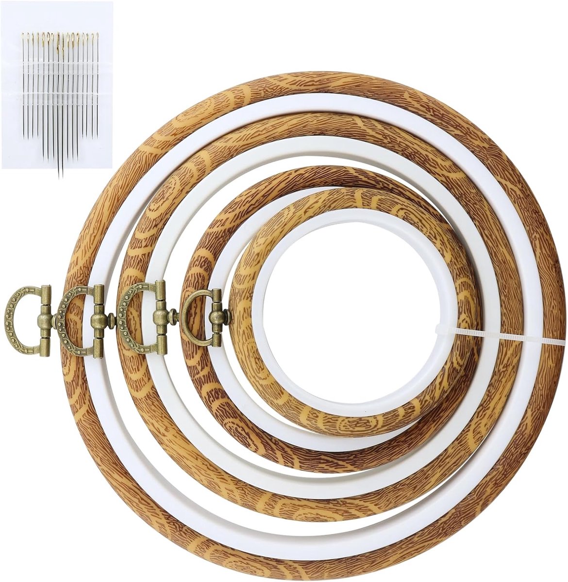 4 stuks borduurringen van kunststof, set met ringen van imitatie hout voor kruissteek, presentatielijsten voor rond en ovaal borduurwerk voor handwerk, naaien