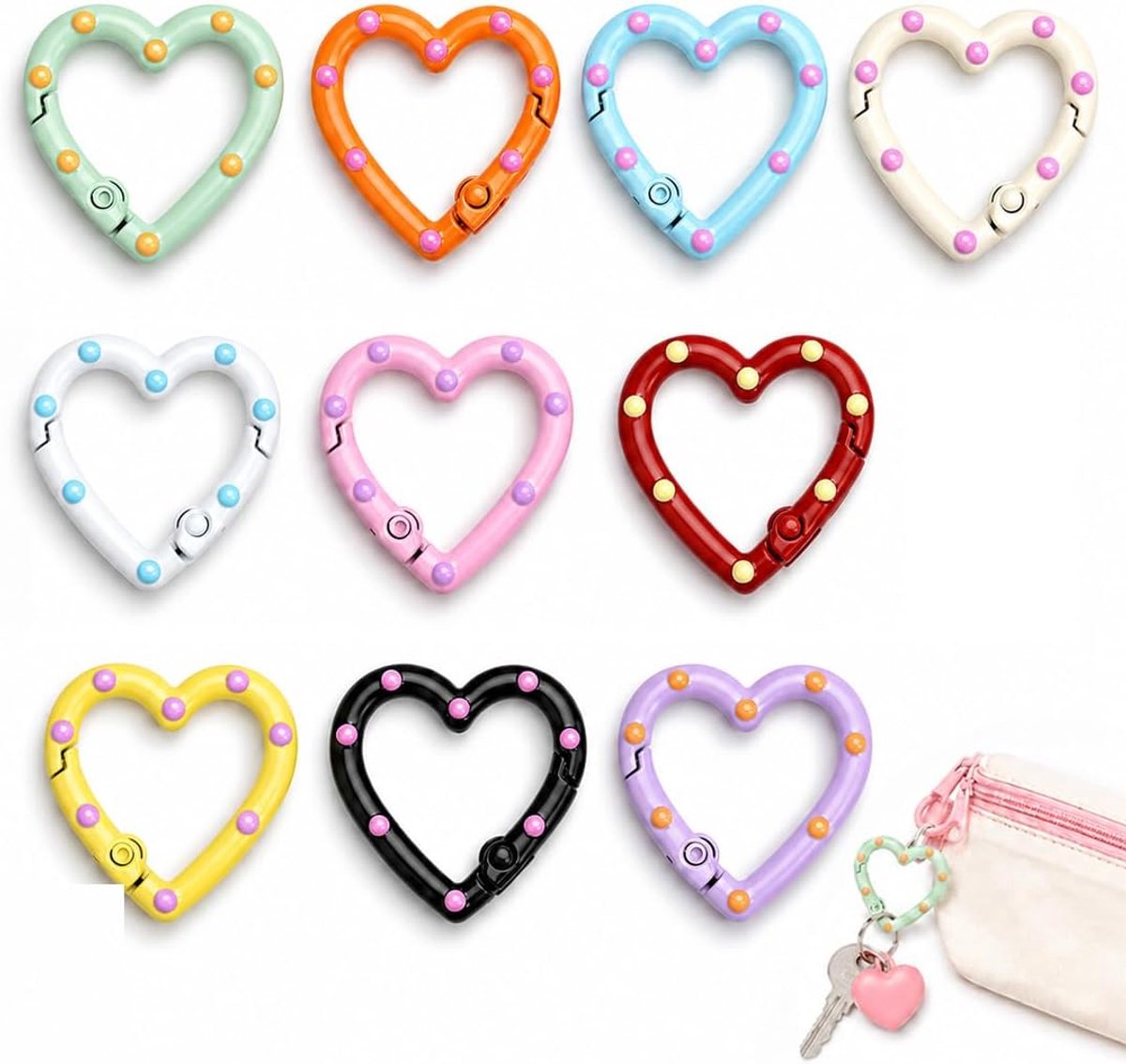 10 stuks kleine hartvormige karabijnhaken met gekleurde stippen, ideaal voor tassen, doe-het-zelf, sieraden, sleutelhangers en creatieve vrije tijd