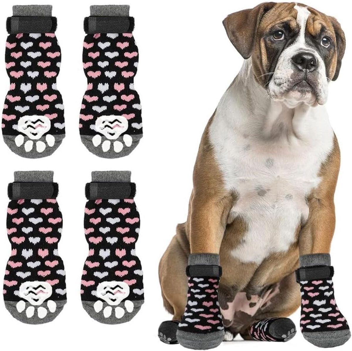 2 paar antislip hondensokken met hartpatroon met verstelbare riem, pootbescherming voor honden, antislipsokken voor middelgrote en kleine honden en katten (M)