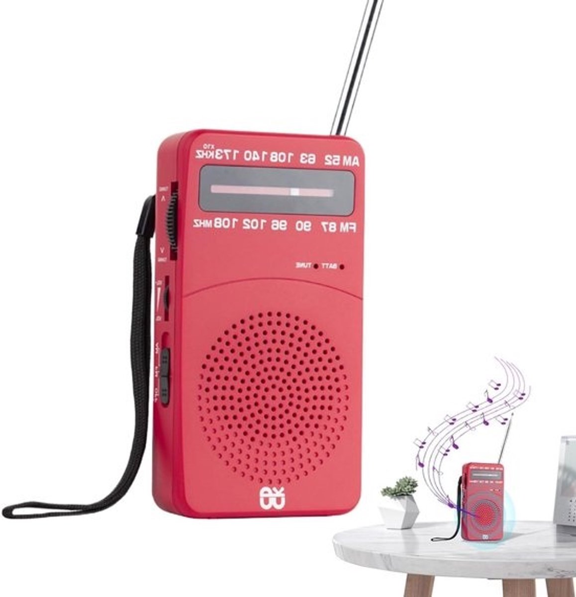 Draagbare radio - FM-/AM-ontvanger - Voor luisteren in noodsituaties - Telescopische antenne - Compact ontwerp - Rood