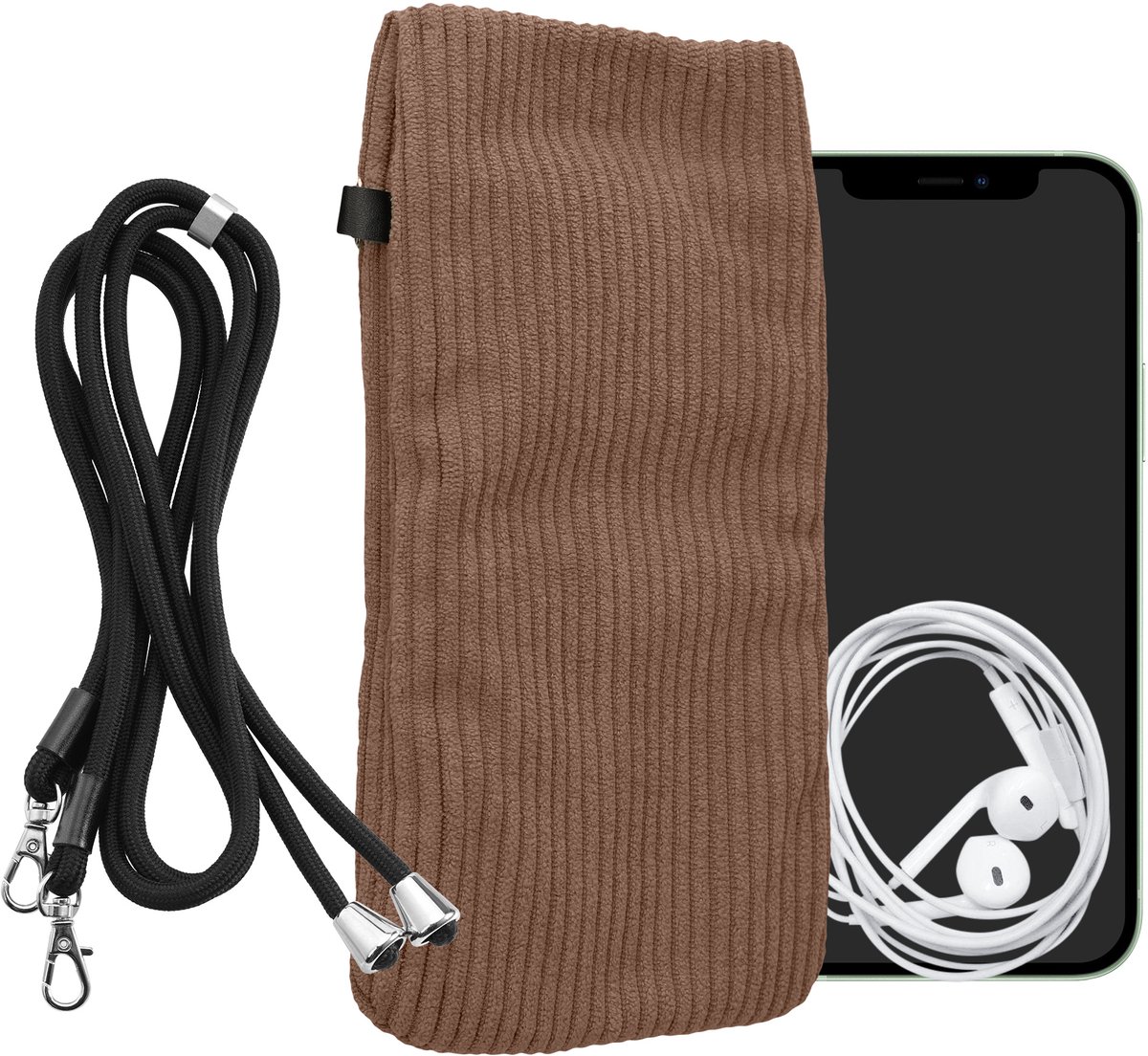 kwmobile Telefoontasje geschikt voor XL - 6,7/6,8" smartphone - Universeel smartphone hoesje van corduroy - Met telefoonkoord - In bruin