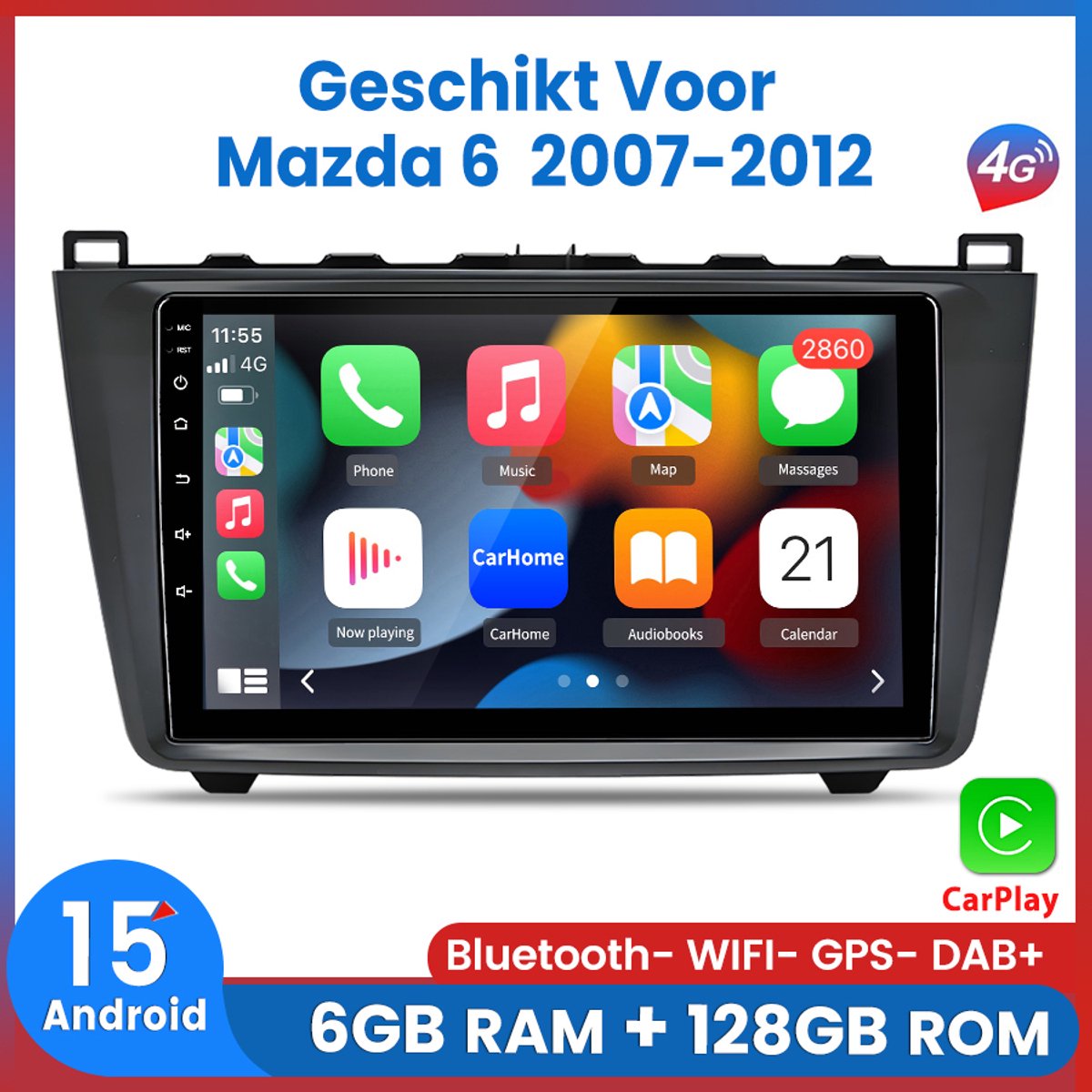 Awesafe 8-Kern 6+128GB Android 15.0 Autoradio - Geschikt Voor Mazda 6 2007 t/m 2012 - Draadloos Apple Carplay & Android - Ondersteuning BOSE systeem - Bluetooth GPS Navigatie RDS DSP SWC 4G Wifi - 2007 2008 2009 2010 2011 2012