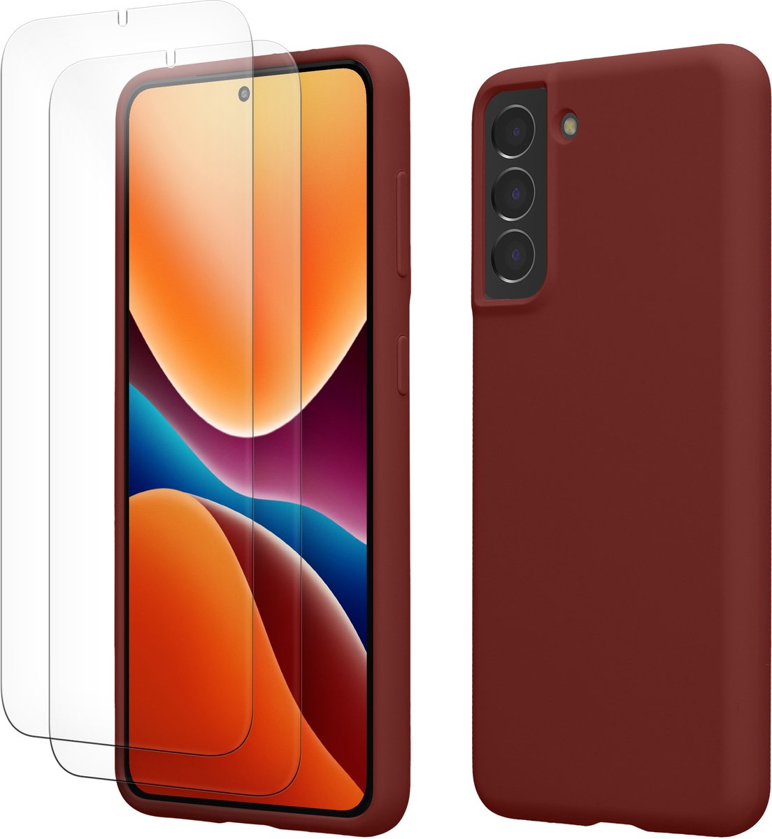 kwmobile hoes met 2x screenprotectors voor Samsung Galaxy S21 – screenprotector van gehard glas – draadloos opladen – bordeaux-violet