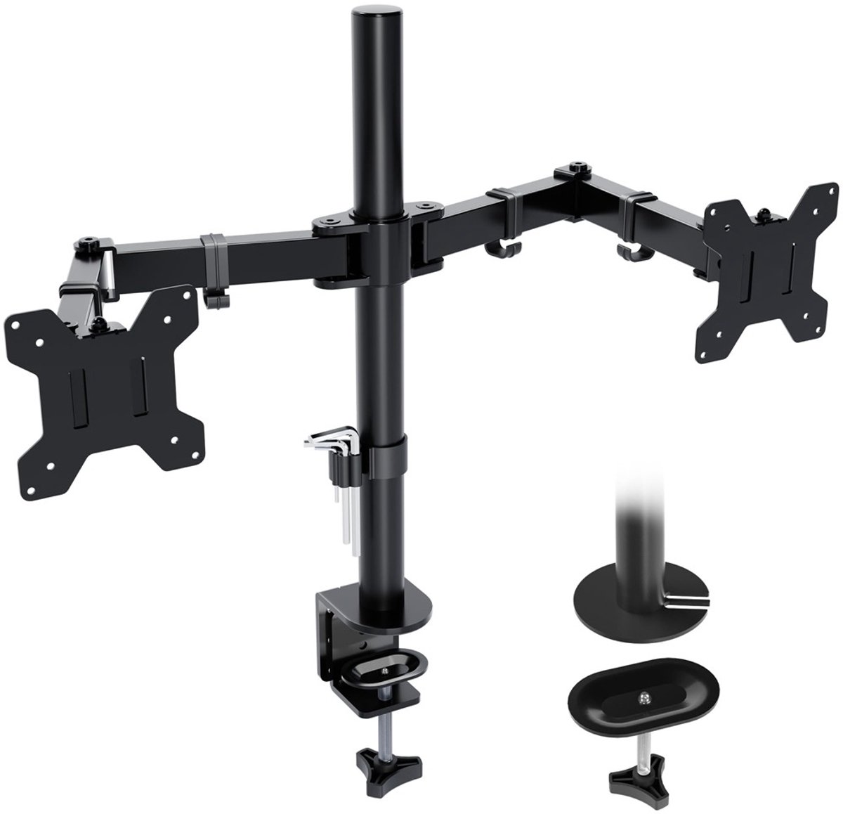 Voor 13-30 Inch En 360° Rotatie – Dubbele Monitorstandaard Met 180° Zwenking – In Hoogte Verstelbaar En C-Klem/Doorvoervoet – Voor School, Studentenkamer En Kantoor – Zwart