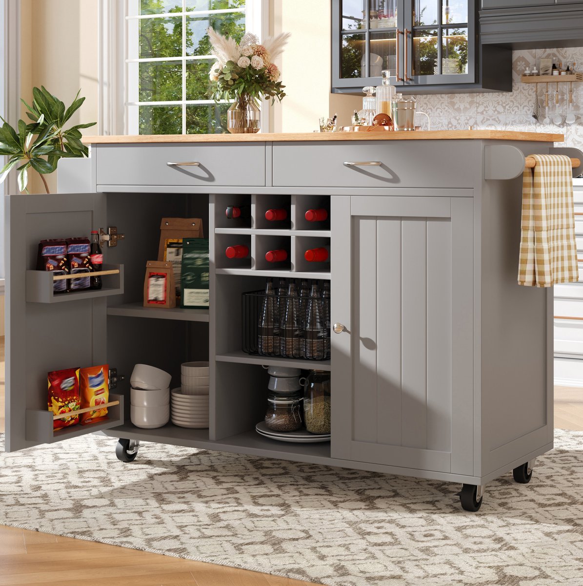 WUVRIE - Keukeninsel 102x45x92 cm - Verrijdbaar met verstelbare opbergruimte - Grijs