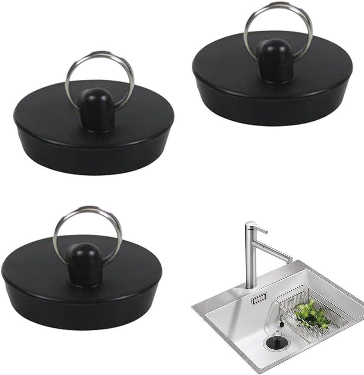 3 Pcs Rubber Basin Stops Drain Stops for Sinks, Bath Stoppers, Basin Stops, Sink Stops with Hook, Suitable for Kitchen - ShopVlot